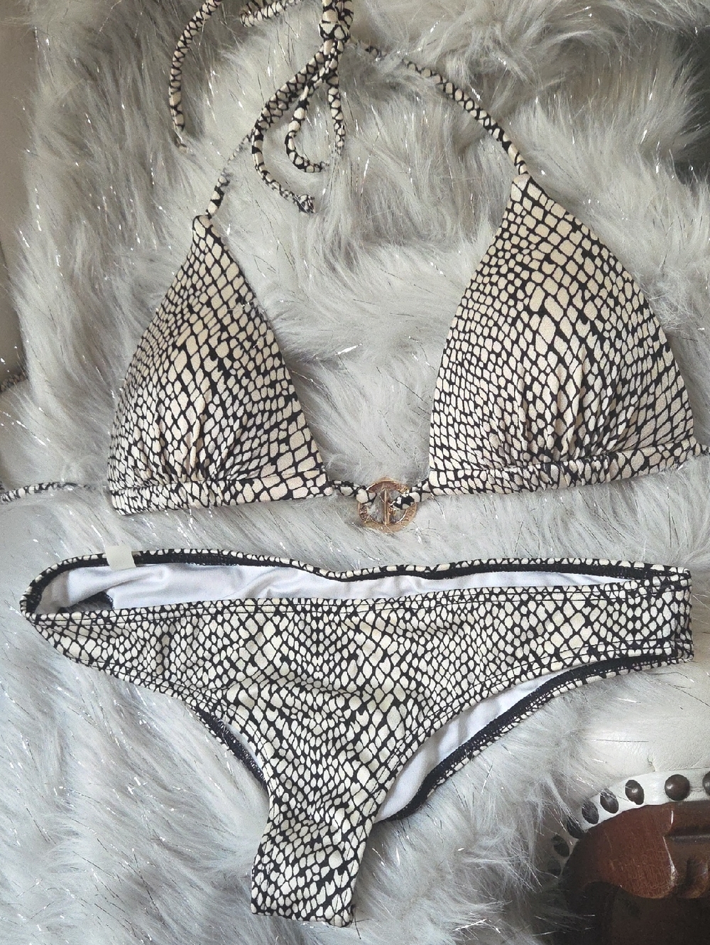Victoria's Secret Black and Cream Snake Print Bikini Bottoms